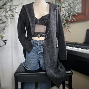 Uniqlo Wool Blend Long Cardigan Coat Gray Knee Length Hooded Womens Small